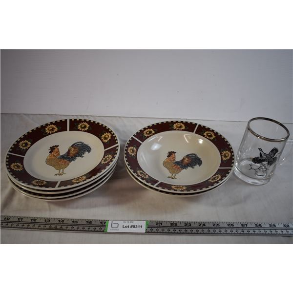 Chicken Dishes (4 Plates, 2 Bowls) and Grouse Mug