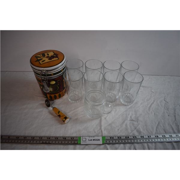 Coffee Canister and Glass Cups