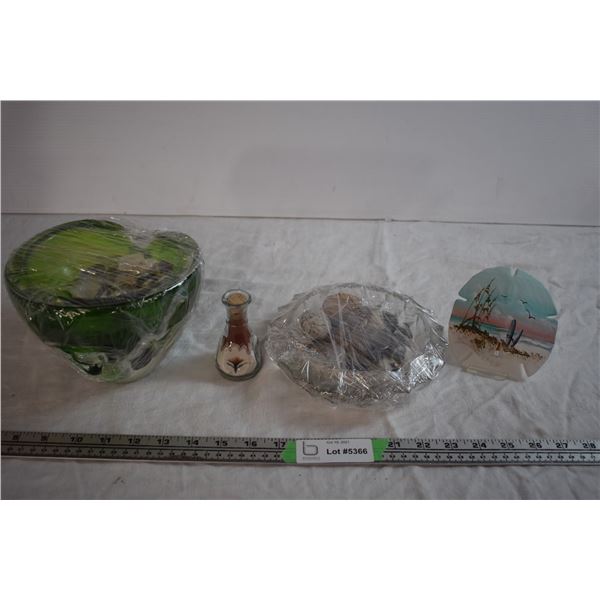 Glass Bowls with Seashells and Rocks + Misc