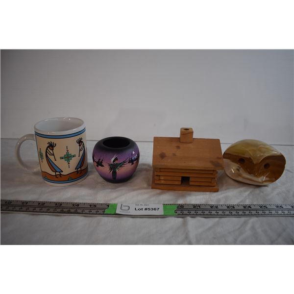Mug, Carved Stone Owl, and Misc