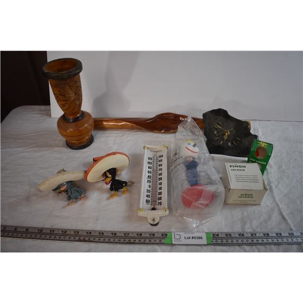Wooden Vase, Stone Clock (Broken), Jack in the Box Bobblehead, and Misc