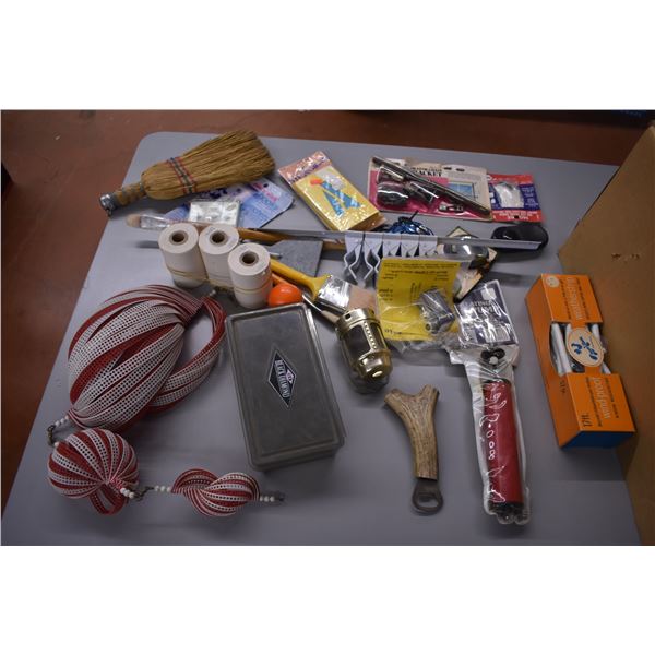 Antler Bottle Opener, Bike Pump, and Box of Misc Household