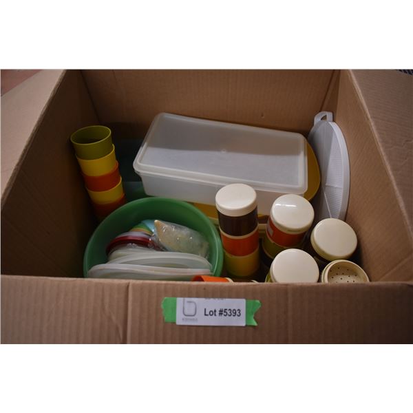 Box of Tupperware (stackable spice containers, colander, lids and holder) etc