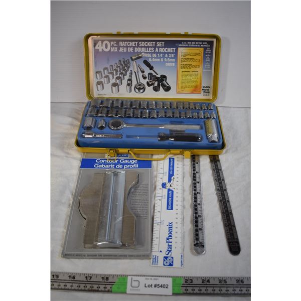 Ratchet Socket Set, Rulers, and Contour Gauge