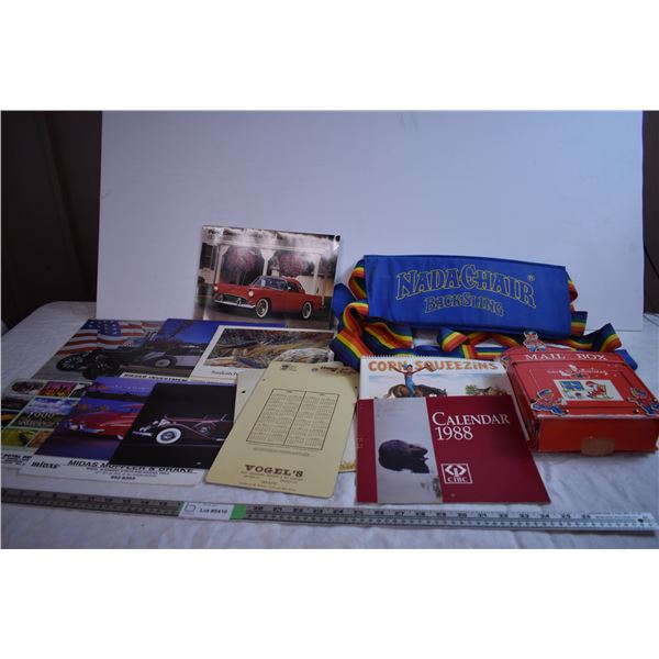 Vintage Calendars, Cardboard Toy Mailbox, and "Nada-Chair Back-Sling"