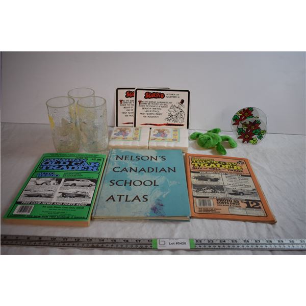 Textured flower glasses,School Atlas, Car Trader Magazines and Misc
