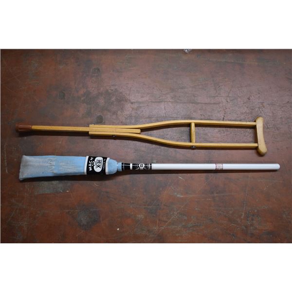Vintage curling broom and Wooden Crutch
