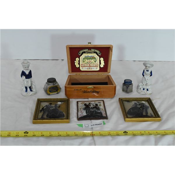 A. Fuente Wooden Box, 2 Ceramic Ornaments, 3 Small Pictures, Vintage Ink Bottles.