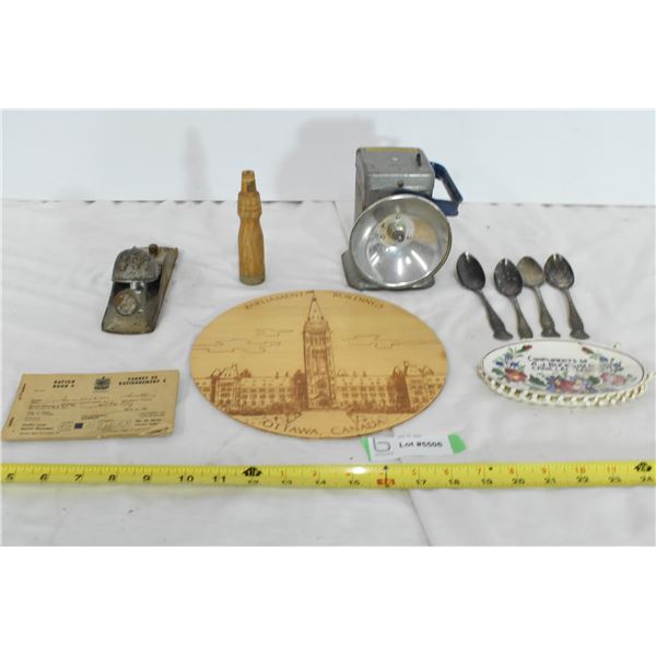 Vintage 6 Volt Flash, Block Planer, Antique Ration Card