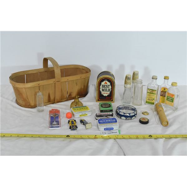 Vintage Glass Bottles, Tin Cans, Misc. Items w/ Basket