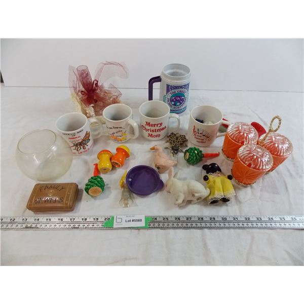 Novelty Mugs, plastic trinkets