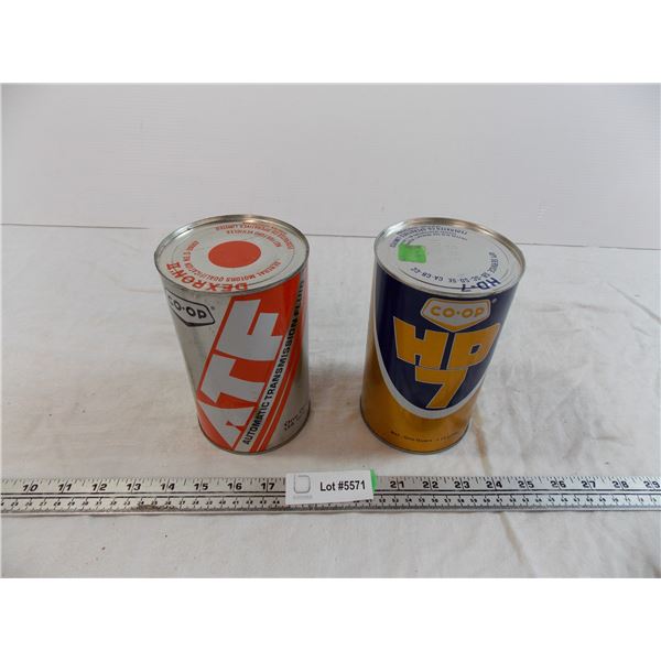 Co-Op ATF Fluid Tin (full) + Co-Op HD70 Motor Oil Tin (empty)