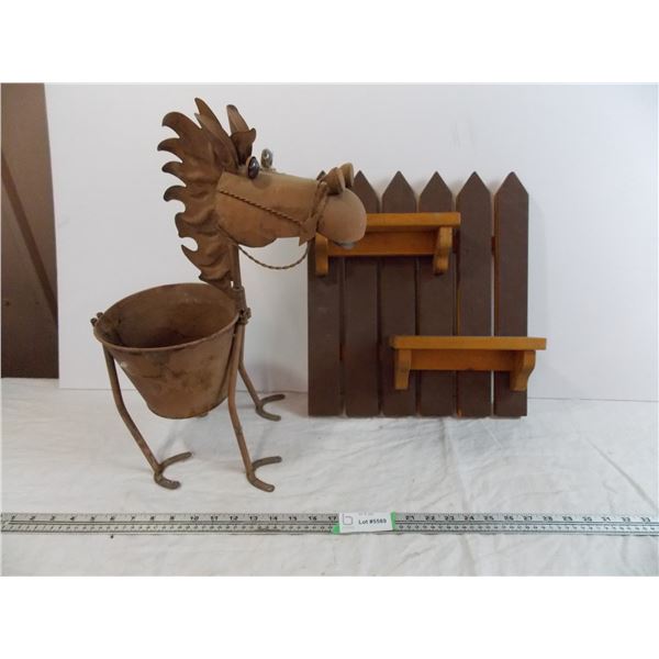 Tin horse planter + small wooden shelf
