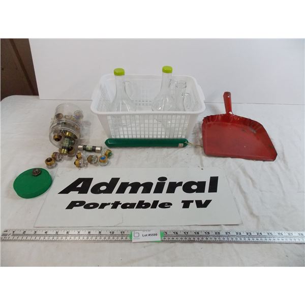 Admiral tin sign, light fuses, vinegar bottles? + tin dustpan (etched "CNR")