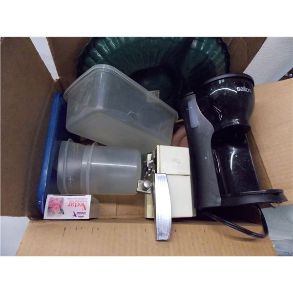 Mini coffee maker, hummingbird nectar, box of containers