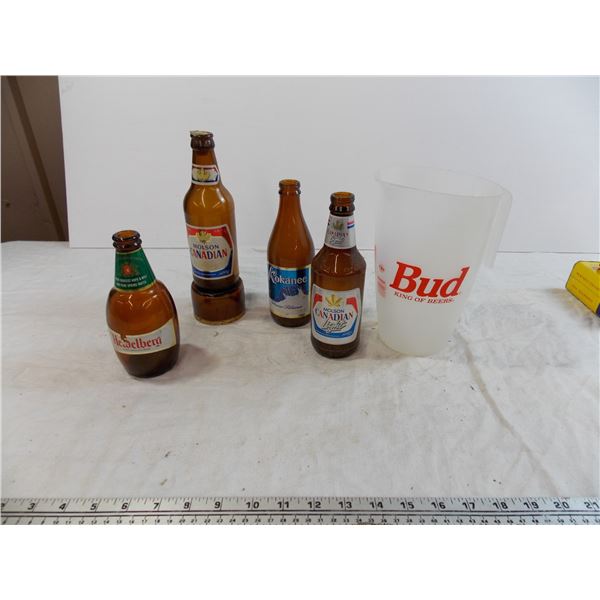 Molson, Kokanee vintage bottles + Budweiser Plastic Pitcher