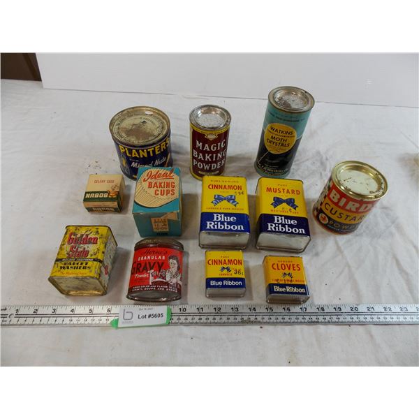 vintage blue ribbon, horne's Gravy Powder tin, planters peanuits, birds custard, moth crystals, vari