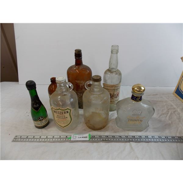 various vintage bottles, white binegar, crown royal, misc
