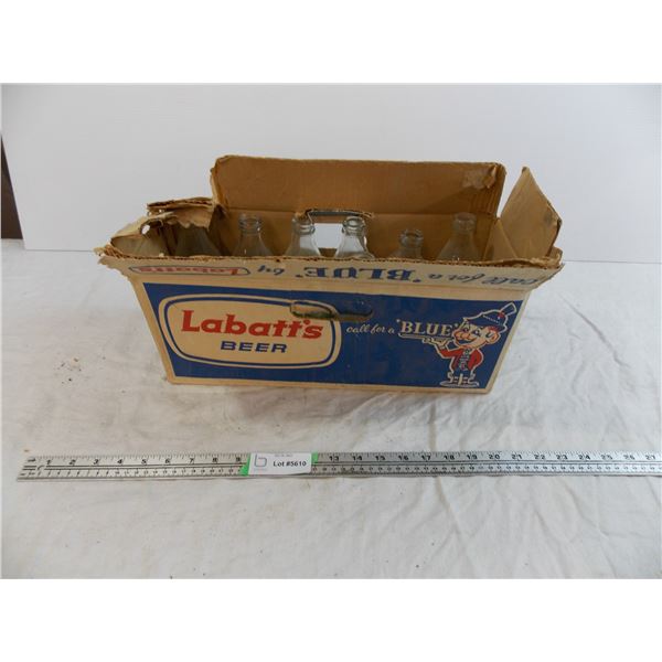 Labatt's Blue cardboard beer box - with various clear glass bottles (FANTA, Millar stubbies, misc)