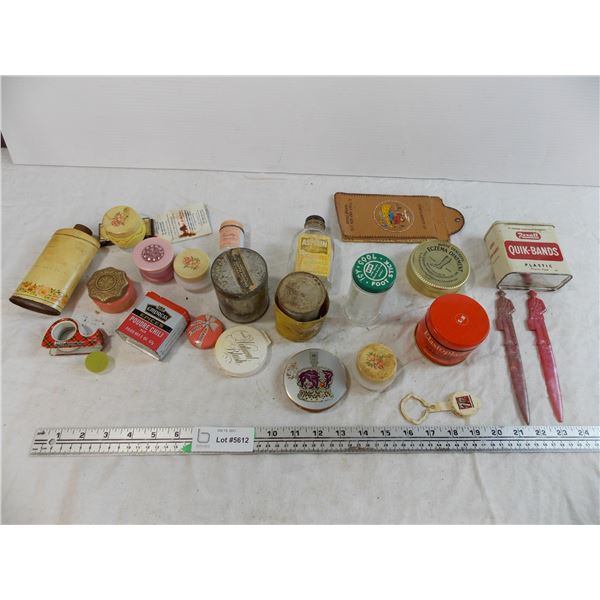 various household tins, lip balms, powders, etc