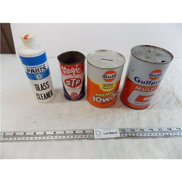 Gulf Piggy Bank Tin + Motor Oil Tin (empty) with STP Tin + Chryco bottle