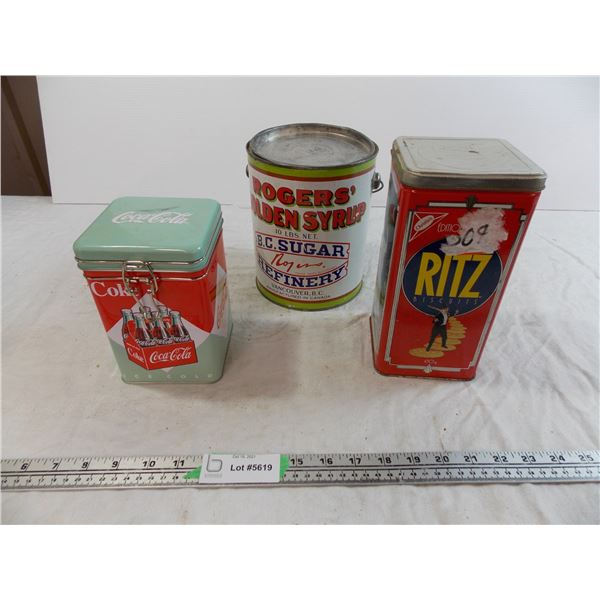 Rogers 10lb sugar tin, coca cola + ritz crackers tins