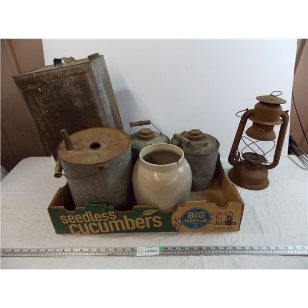 vintage Tin cans + Cracked crock