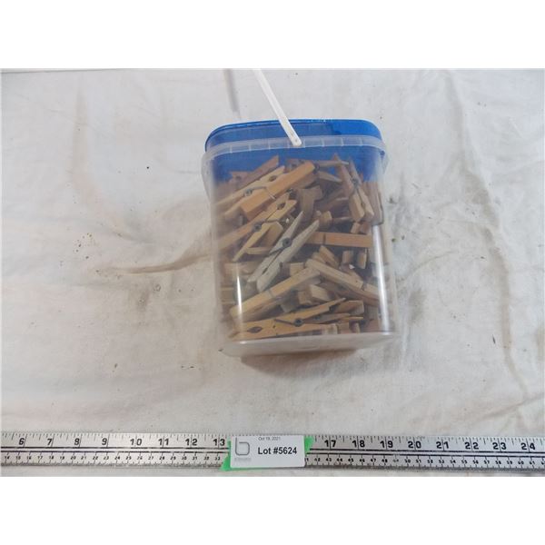 Container of wooden clothes pins