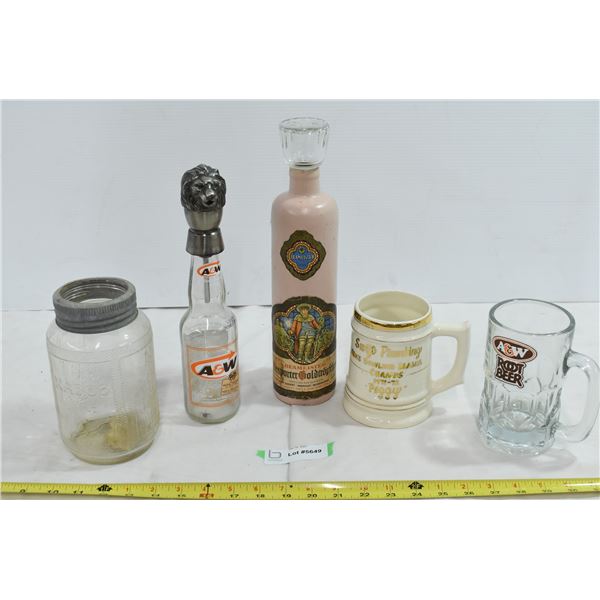A&W Mug and Bottle, Beameister Bottle, Nabob Jar, Bowling Mug