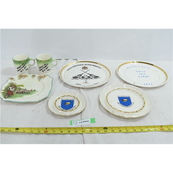 Assorted Decorative Plates, Ashtrays & Mugs