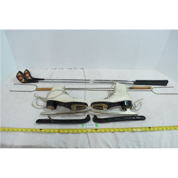 Vintage Fairway Woods, 2 Roasting Sticks, Size 7 Figure Skates