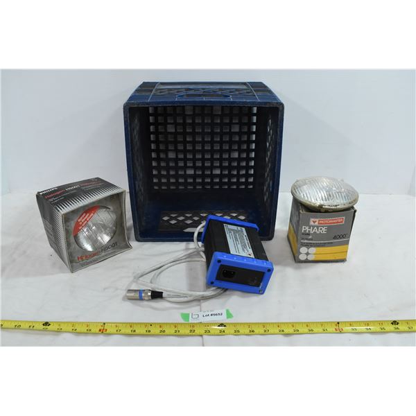 Milk Crate, Battery Charger, 2 Headlights