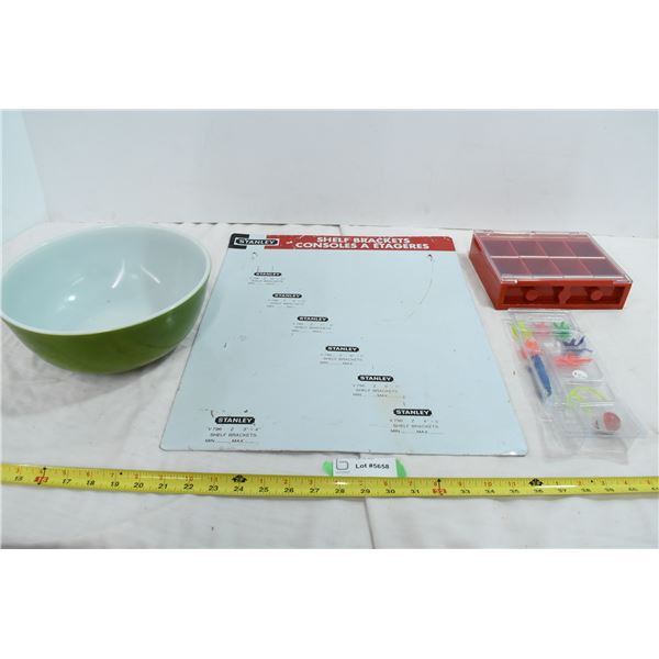 Pyrex Bowl, Stanley Shelf Bracket, Fishing Tackle