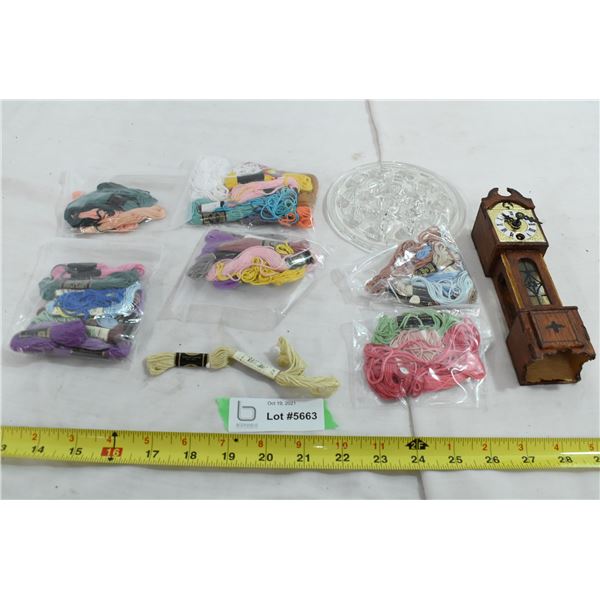 Assorted Thread, Small Wooden Clock, Glass Base