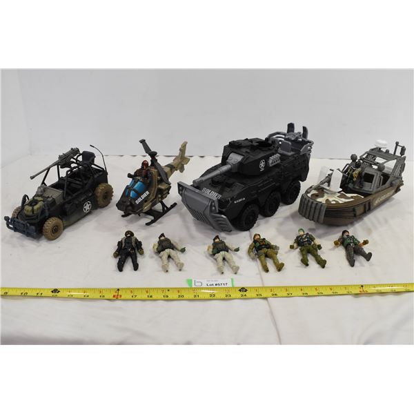 Military Action Figures w/ Tank, Boat, Helicopter, Jeep.