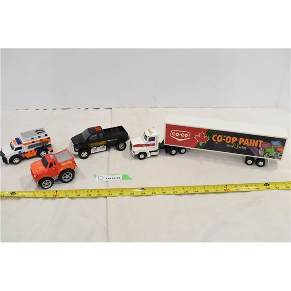 Co-op Semi & Trailer, Police Truck, Ambulance & F150 Toys