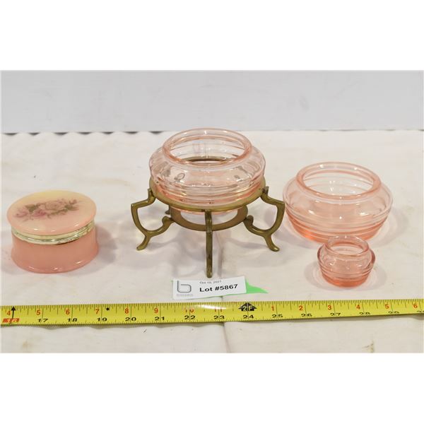 Pink Coloured Glass Trinket Jars, Brass Stand