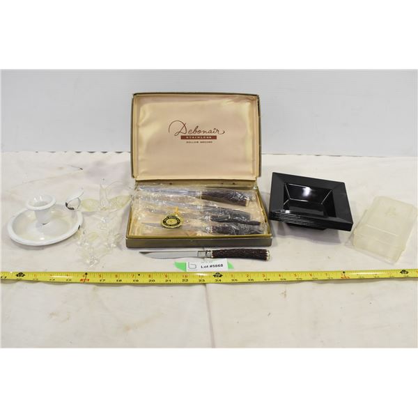 Bone Carved Knives, Plastic Dishes, Enamel Candle Holder, Glass Birds