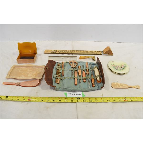 1940’s Pocket Mirror/Makeup, Travel Leather Hygiene Kit, Shoe Sizer, Misc.
