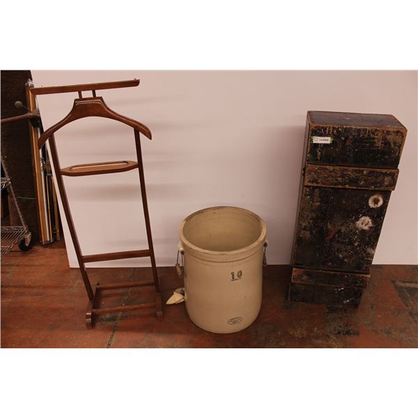 Suit rack, 10 gallon medalta crock, vintage wooden crate