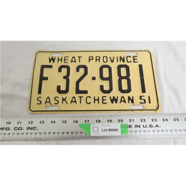 1951 Sask License Plate