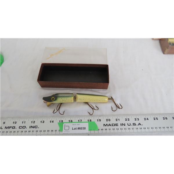 Vintage wooden fishing hook with glass eyes + original box