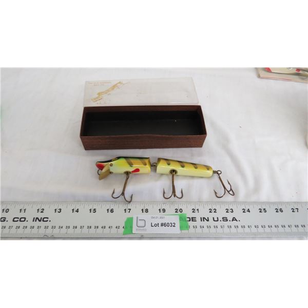 Vintage wooden fishing hook with glass eyes + original box