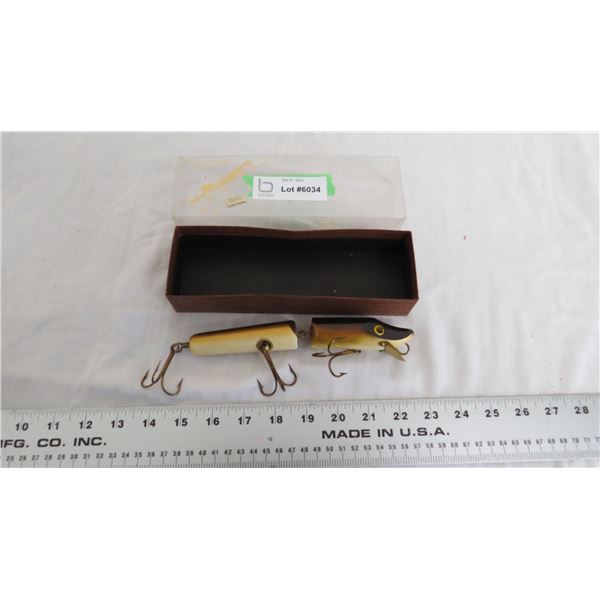 Vintage wooden fishing hook with glass eyes + original box