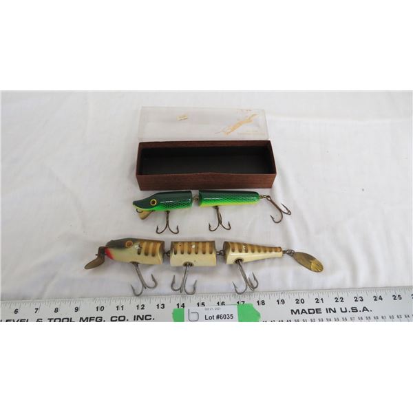 Wood fish hook with glass eyes, original box + one without a box