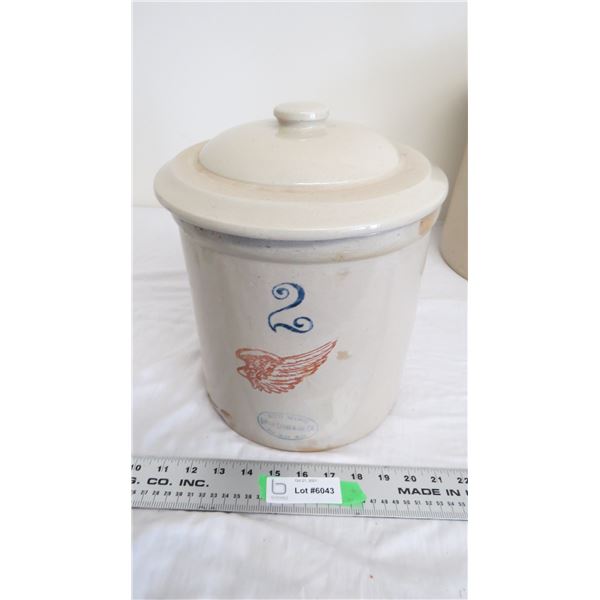 Redwing 2 Gallon stoneware crock with lid (hairline crack + chipped)