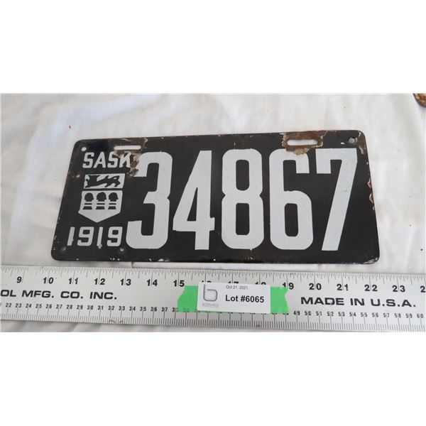 1919 Sask License Plate