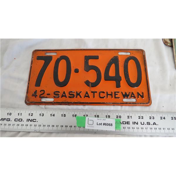 1942 Sask License Plate
