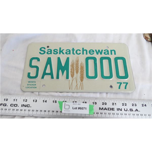 1977 Sask Sample License Plate