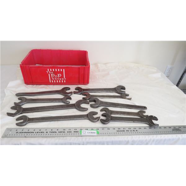 (9) vintage wrenches plus pop shoppe plastic crate